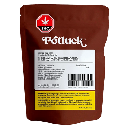 A close-up of the Potluck Beaver Tail package, displaying product details in French and English with a THC warning label.