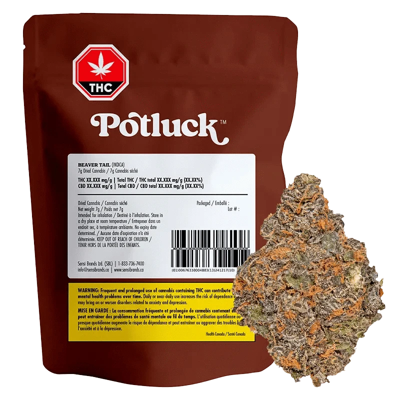 Front view of the Potluck Beaver Tail packaging with THC information and bright graphics on a white background.