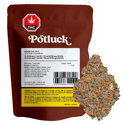 Front view of the Potluck Beaver Tail packaging with THC information and bright graphics on a white background.