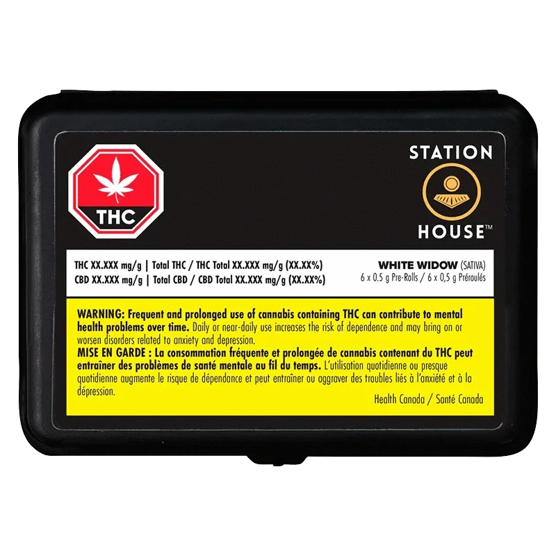 Close-up of the White Widow Pre Rolled 6 x 0.5 g packaging, displaying a dark background with branding and text in a vertical composition.