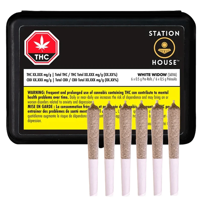 Close-up of the White Widow Pre Rolled 6 x 0.5 g packaging, displaying warnings in French on a dark background.