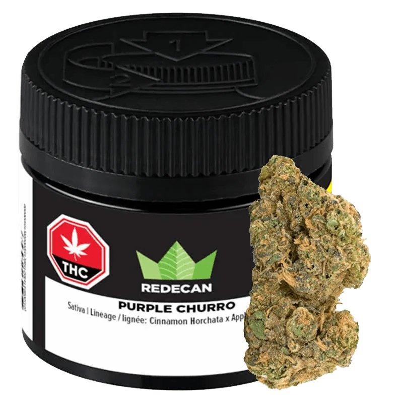 A close-up of the Purple Churro, displaying a dark green cannabis bud against a neutral background.