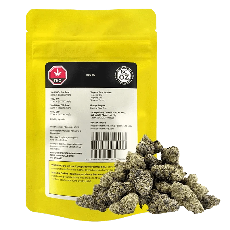 Close-up of the Lickz package featuring a bold graphic design with red and white text on a black background.