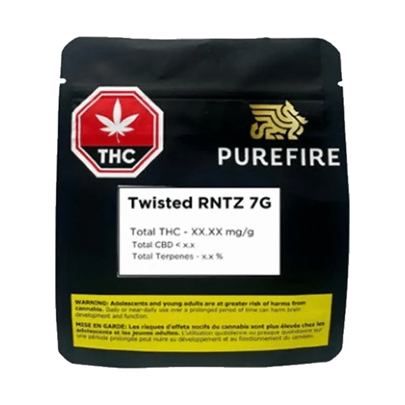 Close-up of the PureFire Twisted Rntz packaging, featuring white text on a black background with a red THC symbol.