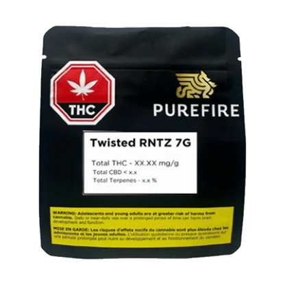 Close-up of the PureFire Twisted Rntz packaging, featuring white text on a black background with a red THC symbol.