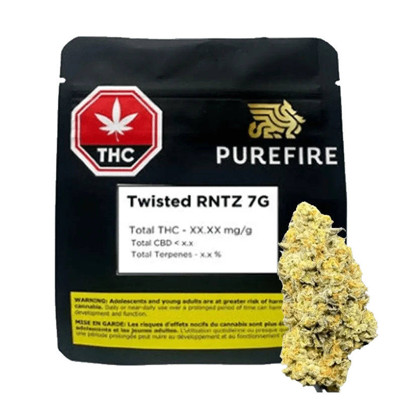 Close-up of the PureFire Twisted Rntz packaging with bold lettering against a dark background, displaying product details.