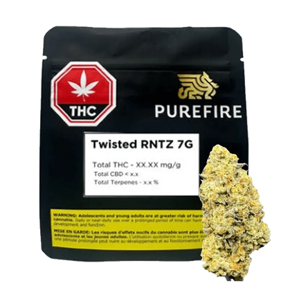 Close-up of the PureFire Twisted Rntz packaging with bold lettering against a dark background, displaying product details.