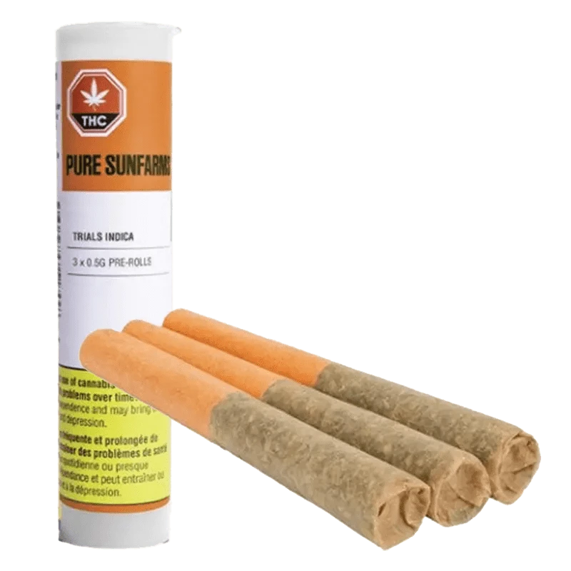 A close-up of the Trials Pre Rolled 3 x 0.5 g packaging, displaying text details against a white background.