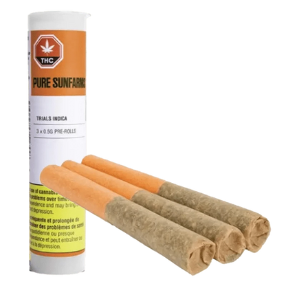 A close-up of the Trials Pre Rolled 3 x 0.5 g packaging, displaying text details against a white background.