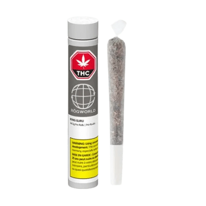 Front view of the Bong Guru Rockstar Pre Rolled 1 x 1 g, a small, pre-rolled cannabis joint with a white filter tip.