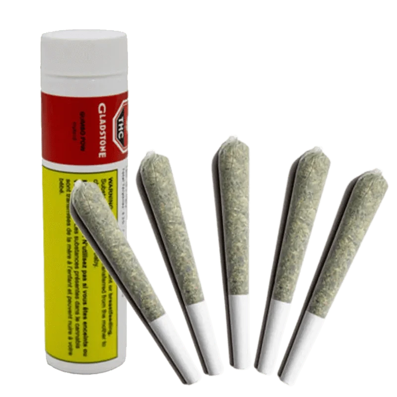 A close-up, angled view of five Gladstone Gumbo Pow Pre Rolled 0.5 g pre-rolls against a dark, blurred background.