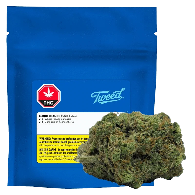 Front view of the Tweed Blood Orange Kush package against a dark background, showcasing the brand's logo and product name in white lettering.