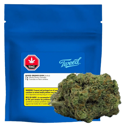 Front view of the Tweed Blood Orange Kush package against a dark background, showcasing the brand's logo and product name in white lettering.
