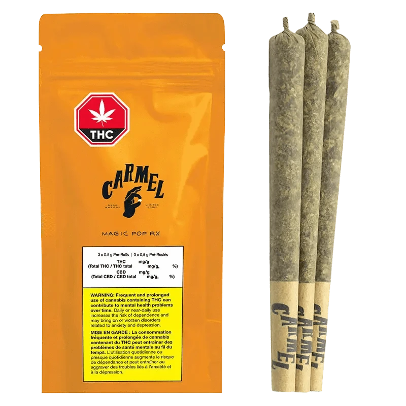 Close-up of the Magic Pop RX Pre Rolled 3 x 0.5 g packaging against a dark background, highlighting the vibrant logo and text details.