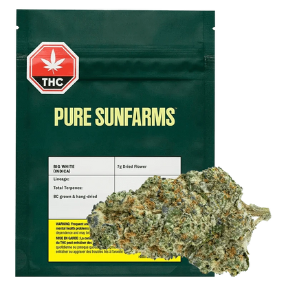 A close-up of the Pure Sunfarms Big White packaging against a black background, showcasing a colorful logo and product details.