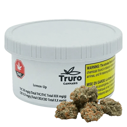 Close-up of the Truro Lemon - Up package, displaying a warning label and branding against a black background.
