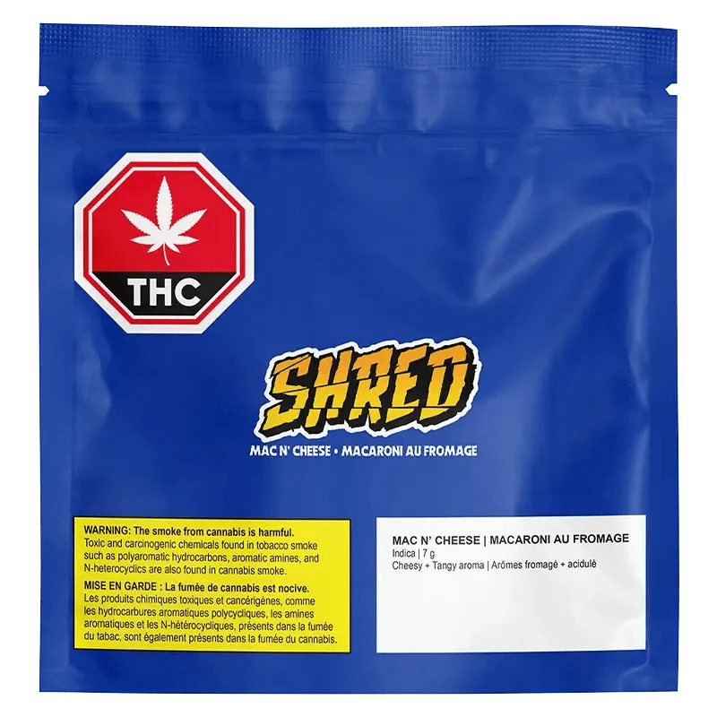 Mac n' Cheese features a vibrant label design with bold lettering, set against a dark background and cannabis leaf.