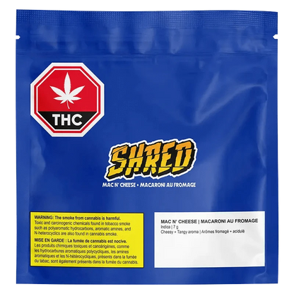 Mac n' Cheese features a vibrant label design with bold lettering, set against a dark background and cannabis leaf.