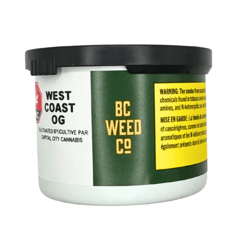 Close-up of the “West Coast OG” packaging, a dark label with white and yellow text angled on a black container.