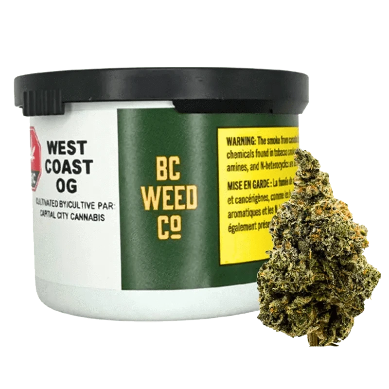 Close-up of the West Coast OG package with bold lettering on a dark background.