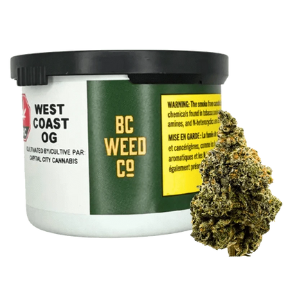 Close-up of the West Coast OG package with bold lettering on a dark background.