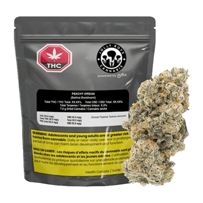 Close-up of the Peach Dream cannabis product packaging, showing bold lettering on a dark background.