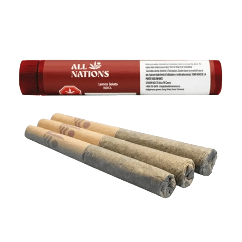 Close-up of three Lemon Gelato Pre Rolled 0.5 g cartridges, displaying the branding against a neutral background.