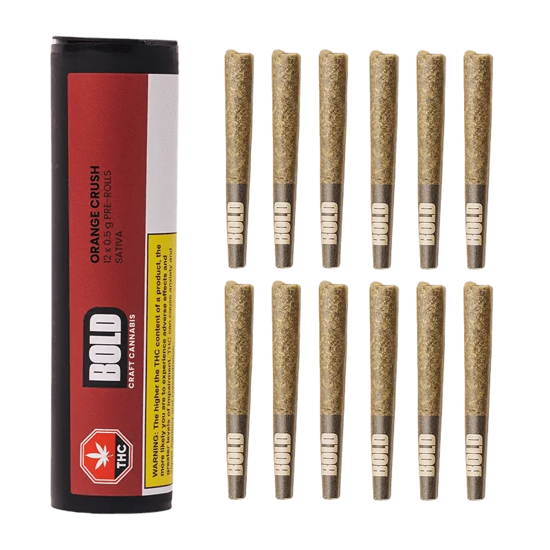 Close-up of the Orange Crush Pre Rolled 12 x 0.5 g pre-rolls against a black background, highlighting the product's branding.