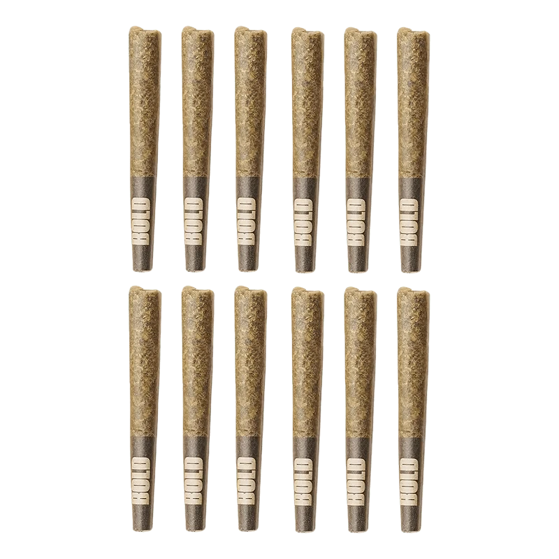 Front view of twelve Orange Crush Pre Rolled 0.5 g pre-rolls arranged in a neat, grid-like formation against a plain white background.