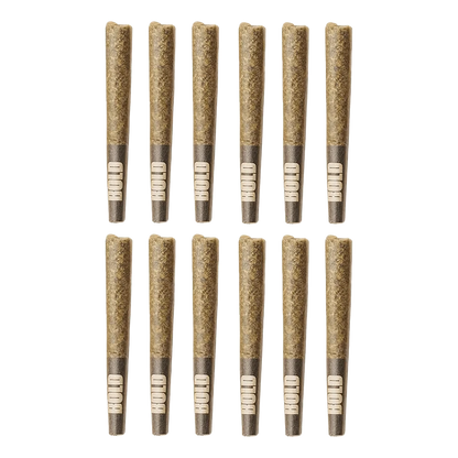Front view of twelve Orange Crush Pre Rolled 0.5 g pre-rolls arranged in a neat, grid-like formation against a plain white background.