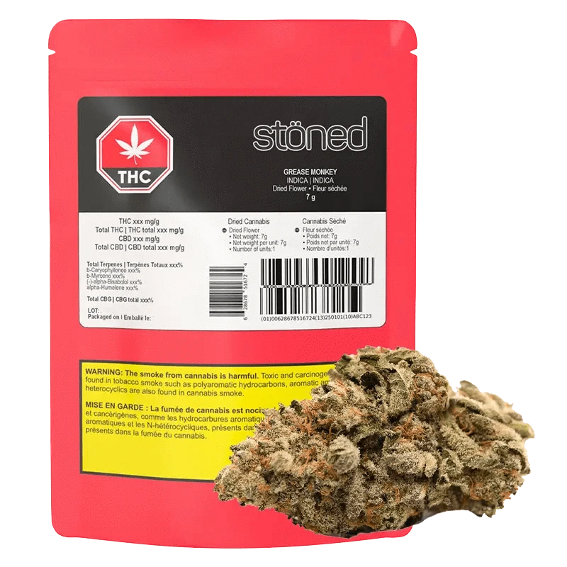 Close-up of the “Grease Monkey” package displaying dried cannabis, with text indicating Indica and a weight of 7g.