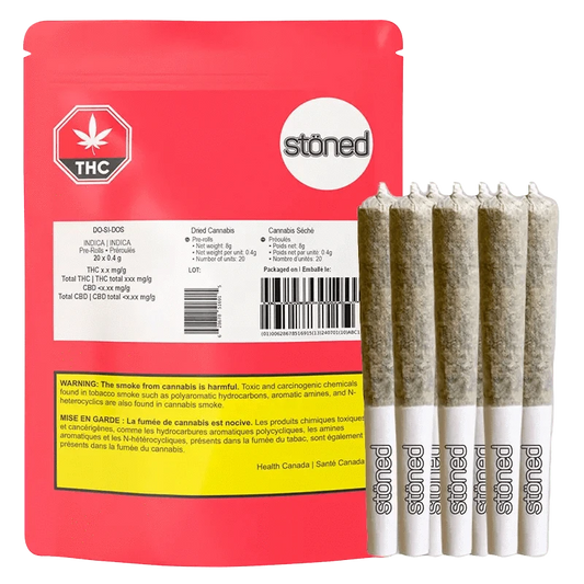 Do Si Dos Pre Rolled 20 x 0.4 g, a close-up of a product’s label, with French text, against a dark, grainy background.