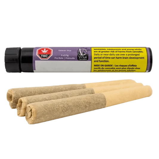 Front view of the Galactic Glue Pre Rolled 3 x 0.5 g package with a warning label and THC symbol on a white background.