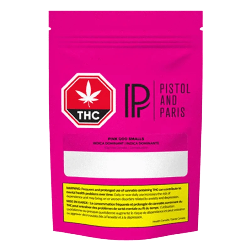 Front view of the Pink Goo Smalls packaging with a colorful geometric design and bold branding elements.