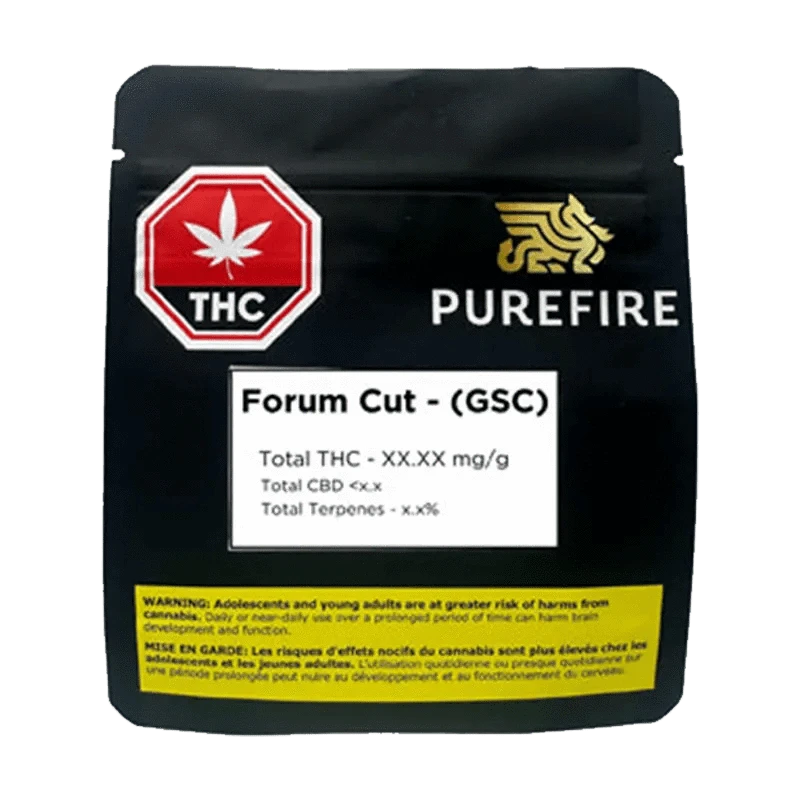 Close-up of the PureFire Forum Cut (GSC) packaging with a black background and white text, displaying information on its contents.