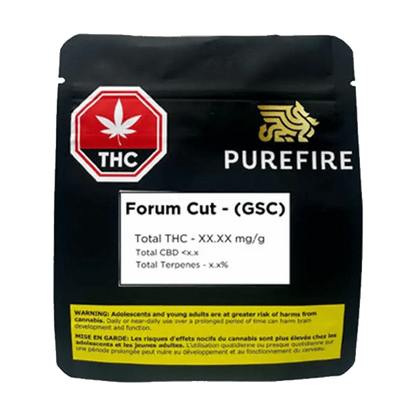 Close-up of the PureFire Forum Cut (GSC) packaging with a black background and white text, displaying information on its contents.