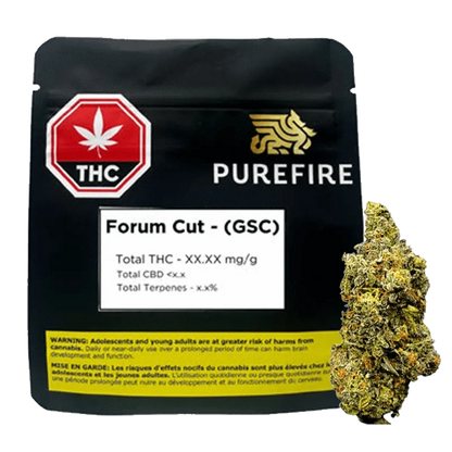 Close-up of the PureFire Forum Cut (GSC) packaging with bold red and black text against a white background.