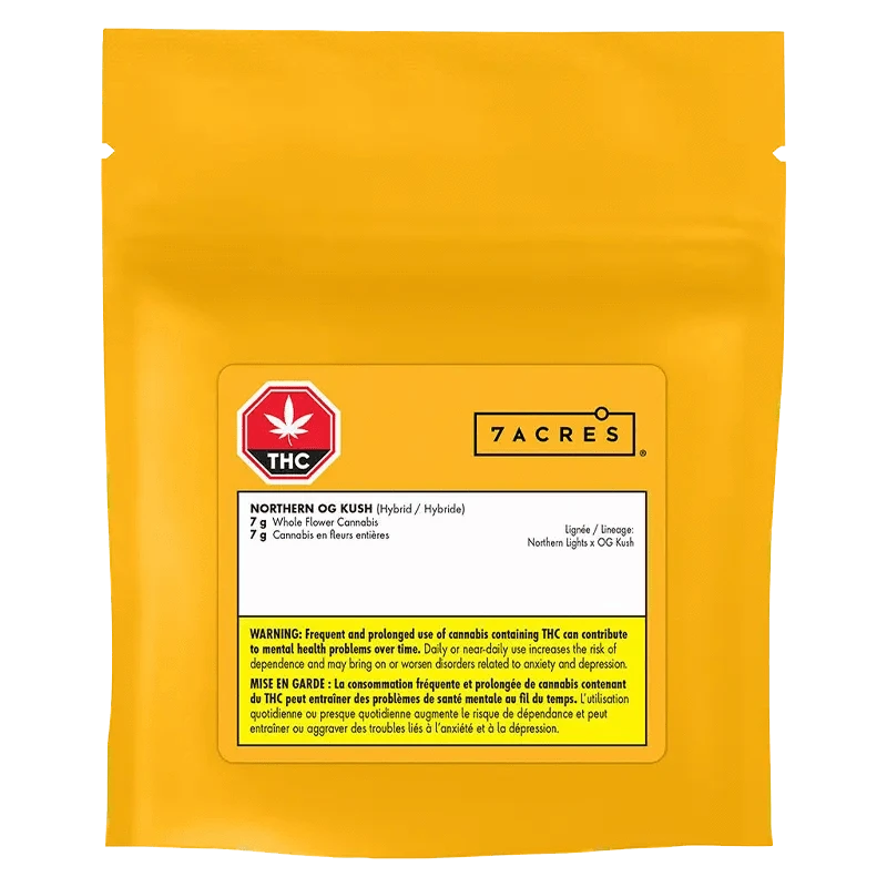 Northern OG Kush packaging featuring a black label with white text and a green cannabis leaf logo, angled slightly.