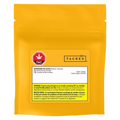 Northern OG Kush packaging featuring a black label with white text and a green cannabis leaf logo, angled slightly.