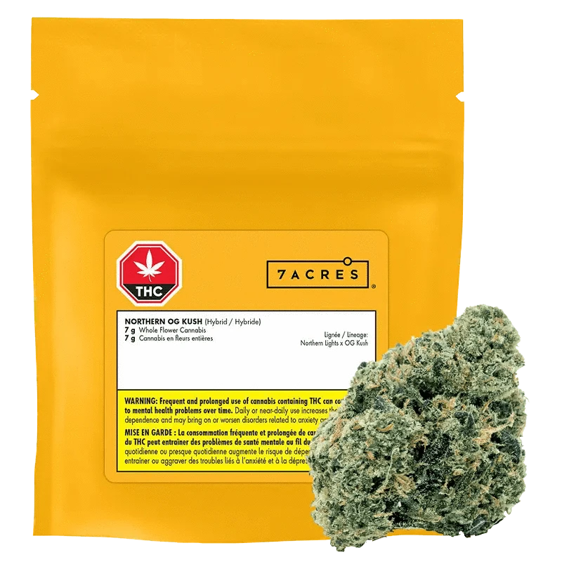 Close-up of the Northern OG Kush packaging, displaying branding and product information against a white background.