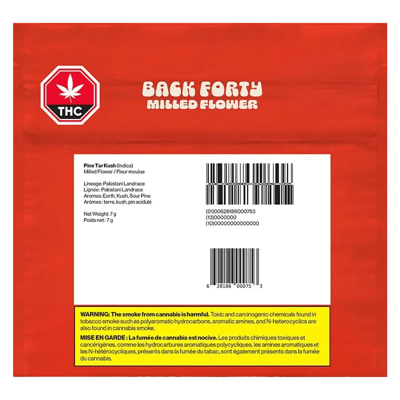 Close-up of the “Pine Tar Kush” packaging with a dark background and prominent THC logo, emphasizing its branding.