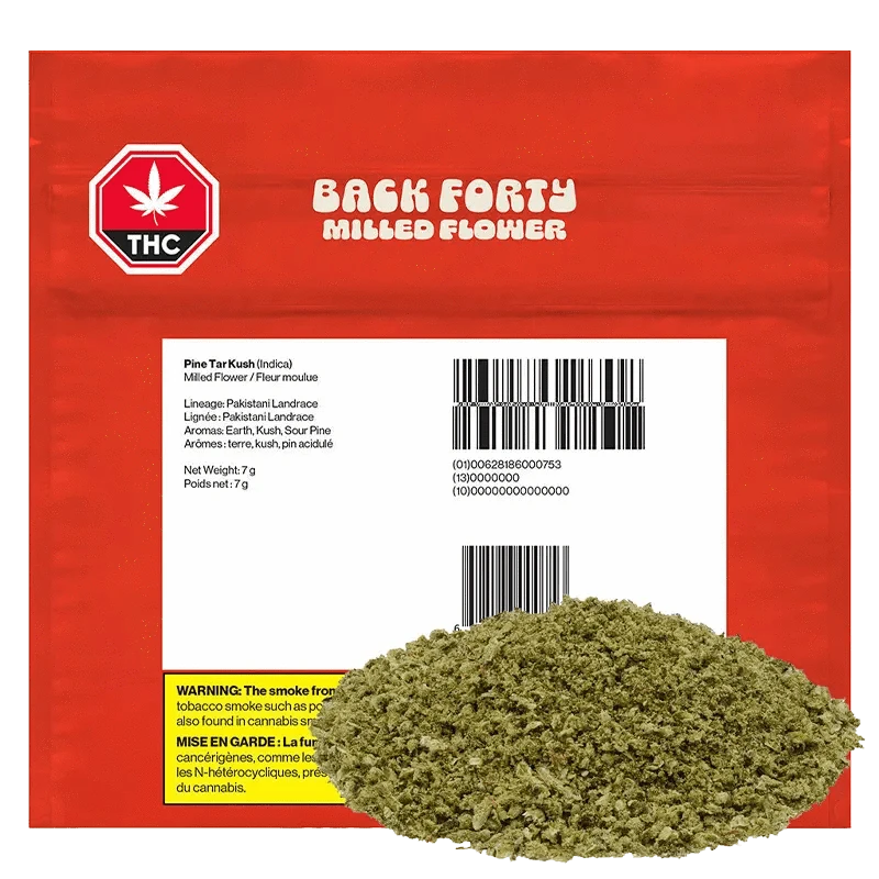 Front view of the Back Forty Pine Tar Kush packaging with a green THC logo against a black background.