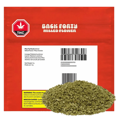 Front view of the Back Forty Pine Tar Kush packaging with a green THC logo against a black background.