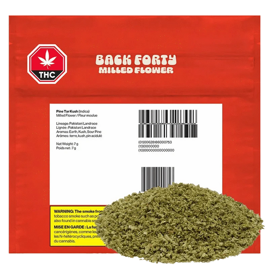 Front view of the Back Forty Pine Tar Kush packaging with a green THC logo against a black background.