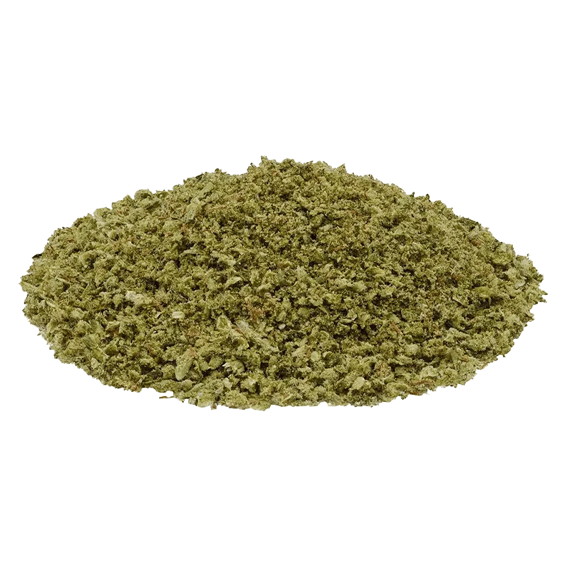 Close-up of the Pine Tar Kush, displaying a textured, dark green material with a granular composition.