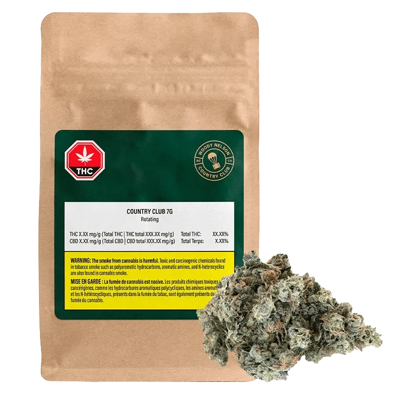 Close-up of the Country Club package with warning labels, showing graphics and text against a black background.