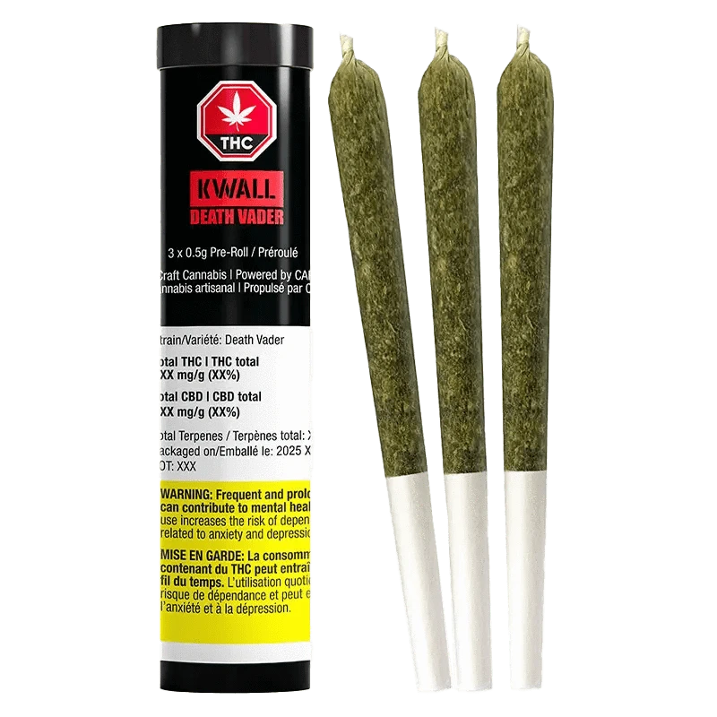 Death Vader Pre Rolled 3 x 0.5 g packaging with a warning message, presented against a dark background.