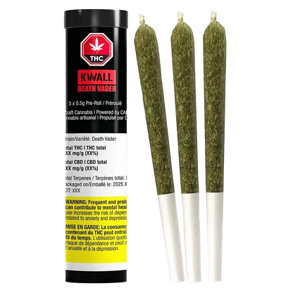 Death Vader Pre Rolled 3 x 0.5 g packaging with a warning message, presented against a dark background.