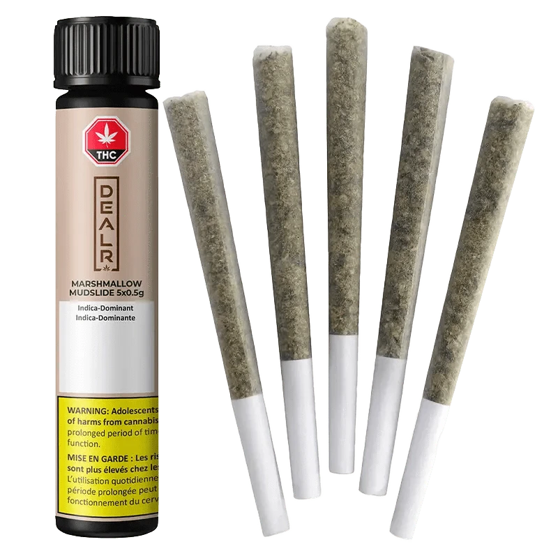 A close-up shows five Marshmallow Mudslide Pre Rolled 0.5g cartridges against a dark background, displaying their packaging details.