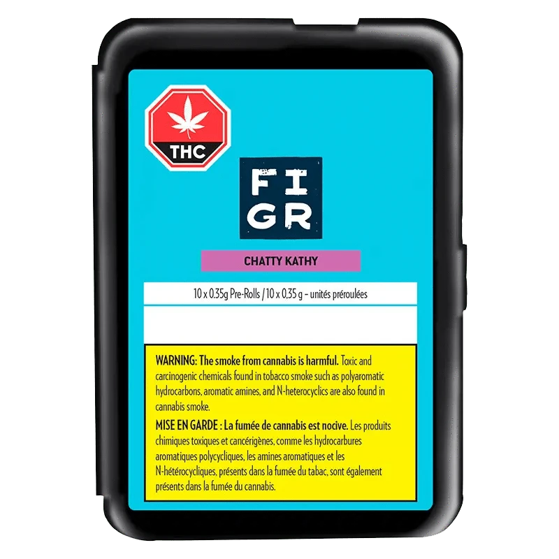 Chatty Kathy Pre Rolled 10 x 0.35 g, a close-up of a colorful package displaying a warning against smoke.